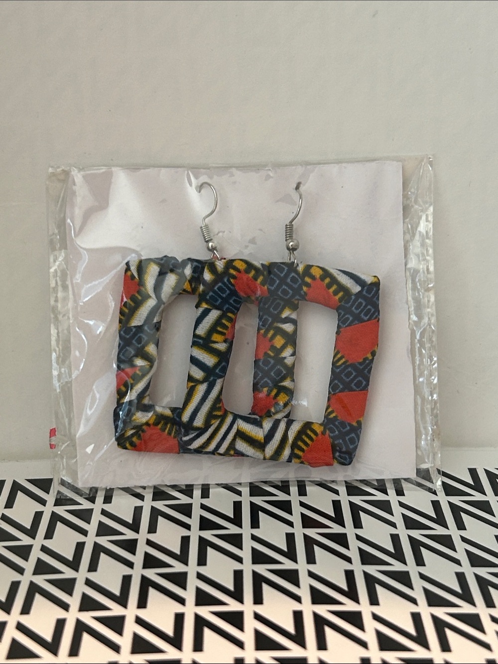 Colorful Patterned Square Drop Earrings - Blue, Red, Yellow